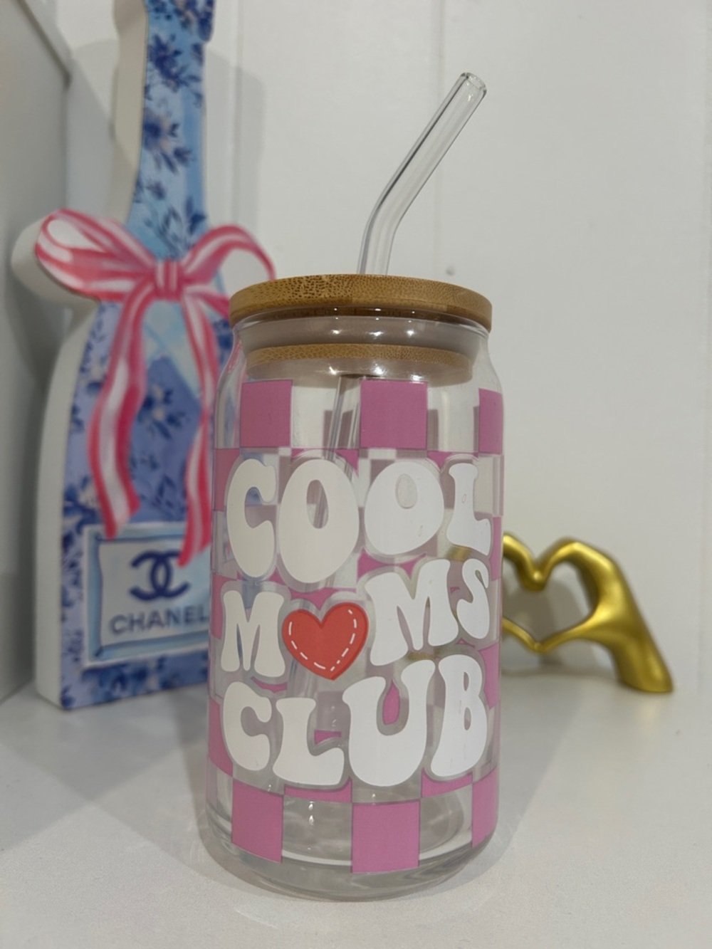 Cool Moms Club Pink Checkered Glass Tumbler with Bamboo Lid